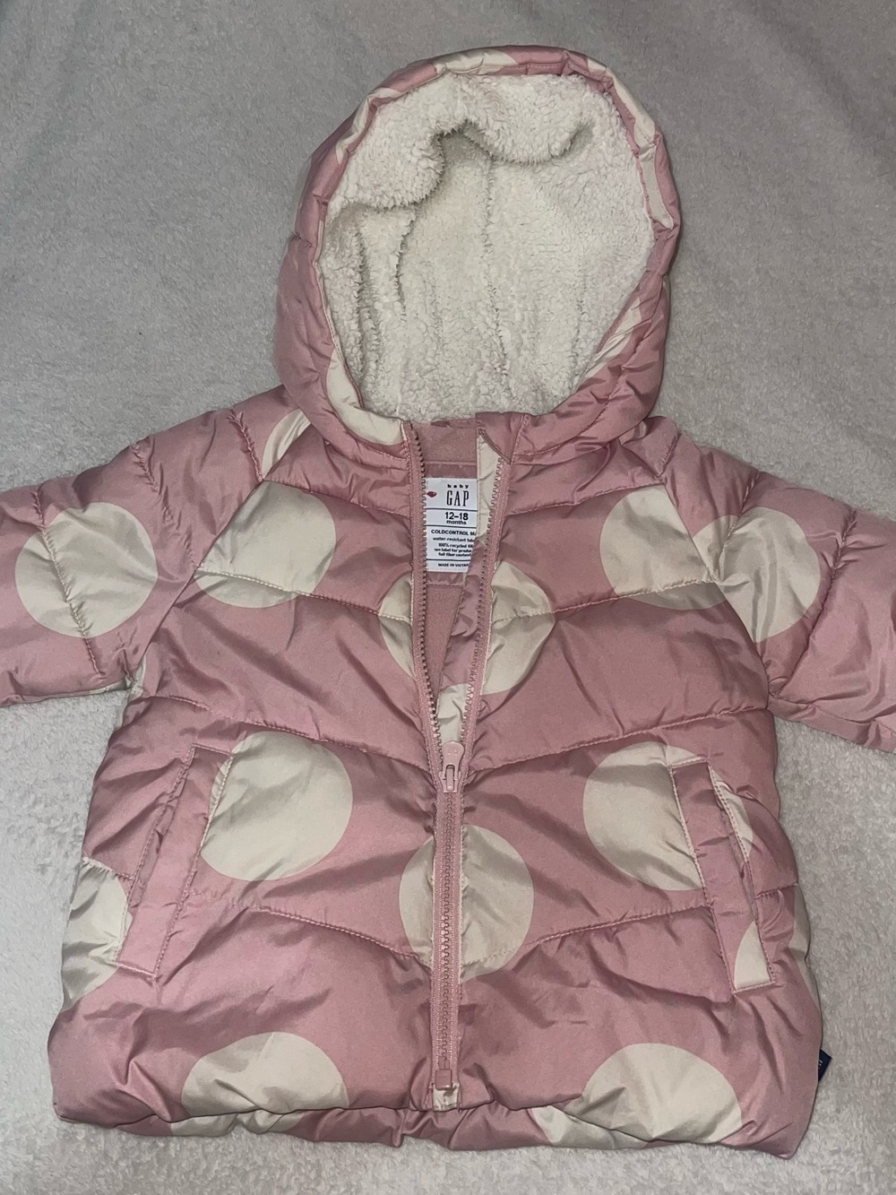GAP Pink Polka Dot Puffer Jacket with Sherpa-Lined Hood